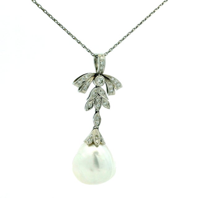 Traditional Vintage Platinum Diamond and 18mm Baroque Pearl Drop Necklace For Sale - Image 3 of 11
