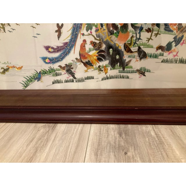 Antique Chinoiserie Silk Embroidered Nature Scene in Cherry Wood Frame With Decorative Oriental Hooks For Sale - Image 9 of 12