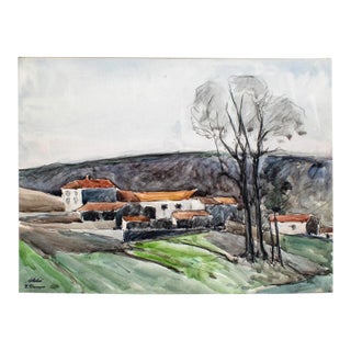 Mid 20th Century "Aquarelle" Expressionist Landscape Naturalistic Aquarelle Watercolor Painting on Paper by Etienne Descargues For Sale