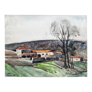 Mid 20th Century "Aquarelle" Expressionist Landscape Naturalistic Aquarelle Watercolor Painting on Paper by Etienne Descargues
