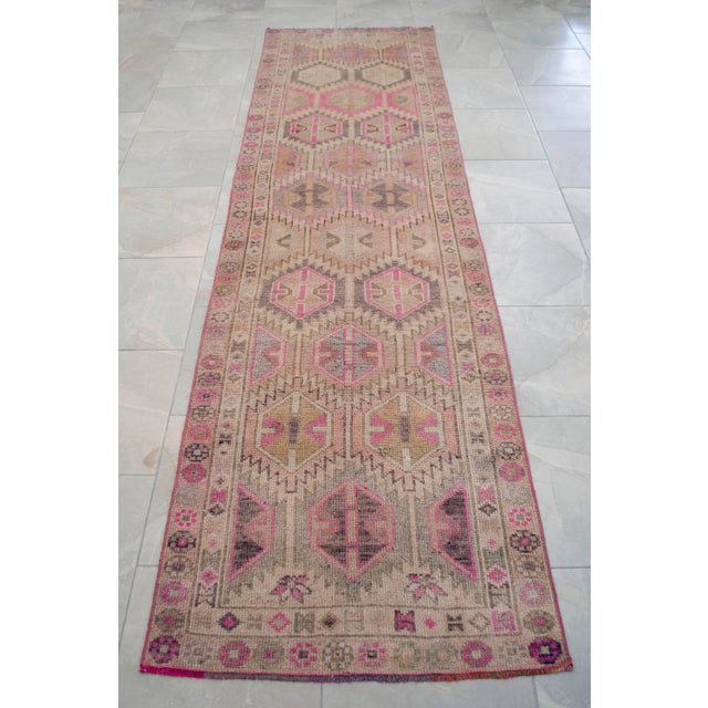 Vintage Turkish Hand-Knotted Runner Rug Pink Hallway Kitchen Decor - 2′9″ × 10′ For Sale - Image 16 of 17