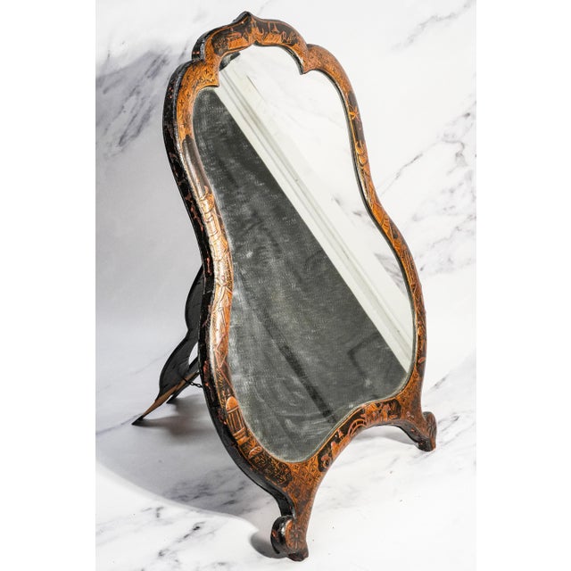 Wood Wonderful Large Antique Chinoiserie Japanned Dressing Table Mirror Asian Lacquer Hand Painted Home Decor For Sale - Image 7 of 18