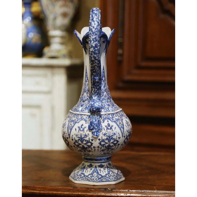 Blue 19th Century French Hand Painted Blue and White Faience Ewer Signed Hr Quimper For Sale - Image 8 of 12
