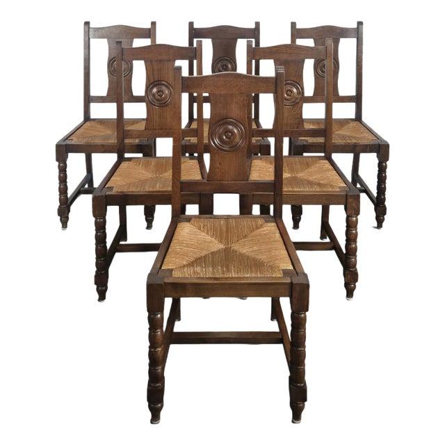 Straw-Seated Chairs with Carved Rosette and Turned Legs, 1920s, Set of 6 For Sale