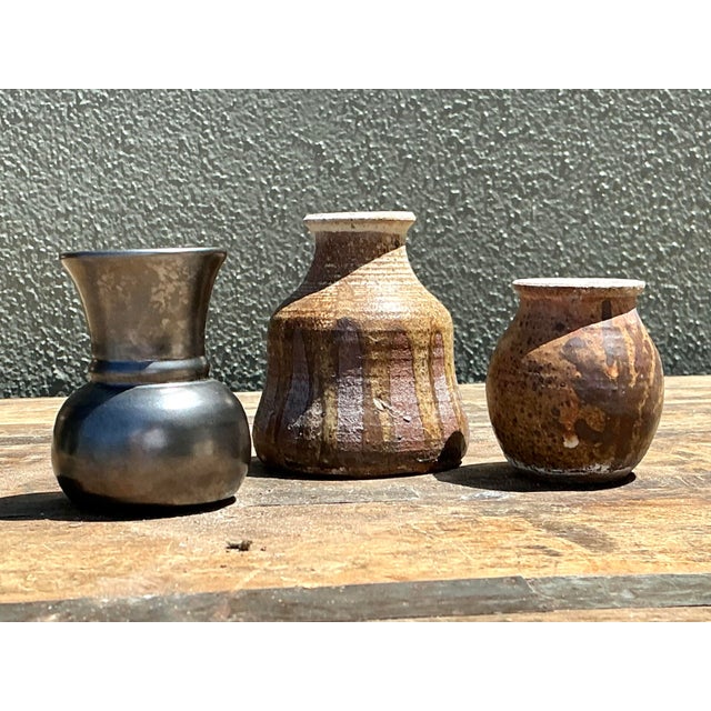 Brown Vintage Original Studio a Pottery Trio of Small Vases For Sale - Image 8 of 12