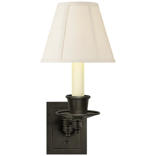Single Swing Arm Sconce in Bronze with Linen Shade Height: 12" Extension: 7" Backplate: 3.5" x 4.5" Rectangle Mounting:...