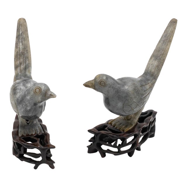 Pair of 1960s Carved Chinese Green Soap Stone Birds For Sale