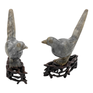 Pair of 1960s Carved Chinese Green Soap Stone Birds