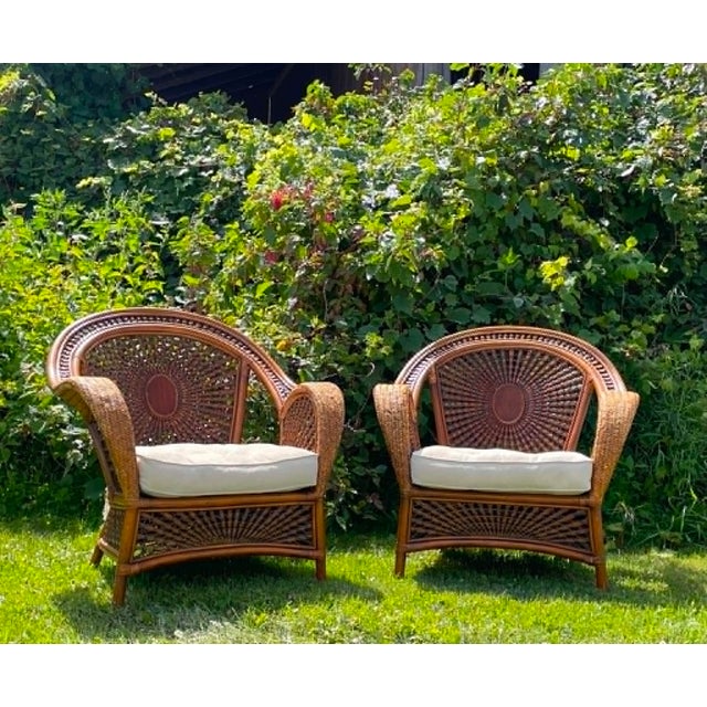 Late 20th Century "Azteca" Woven Rattan Spiderweb Lounge Chairs Featuring Distinctive Sunburst and Web Patterns For Sale - Image 14 of 16