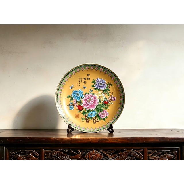 Art Deco Chinese Ceramic Plate,Famille Rose Porcelain Plate Hand Painted Peony Flowers Pattern For Sale - Image 3 of 10