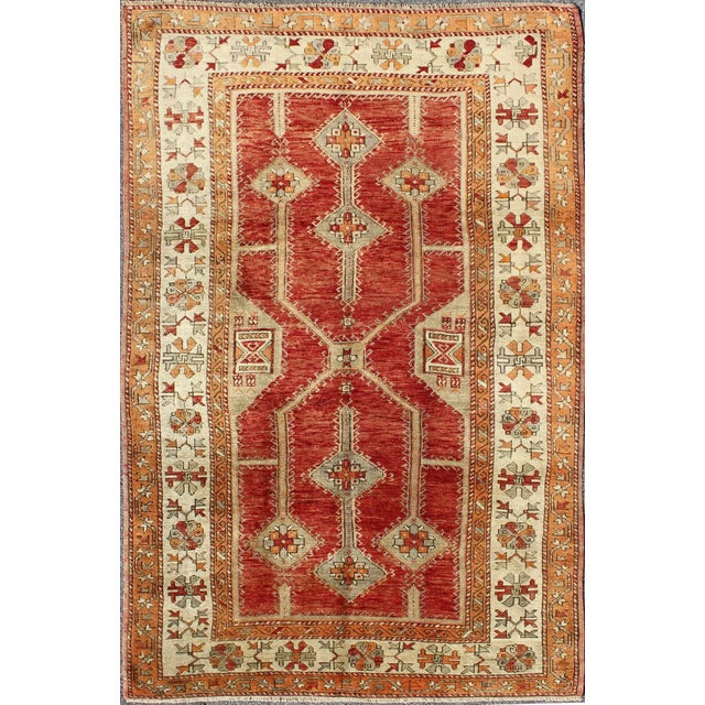 Antique Turkish Oushak Rug With Geometric Design in Red, Light Green, Orange and Cream For Sale - Image 9 of 9