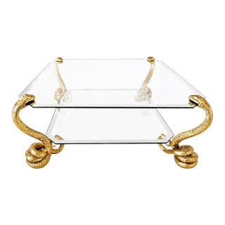 1970s Serpent Cocktail Coffee Table Glass 2 Tier Alain Chervet Style Gold Tone For Sale