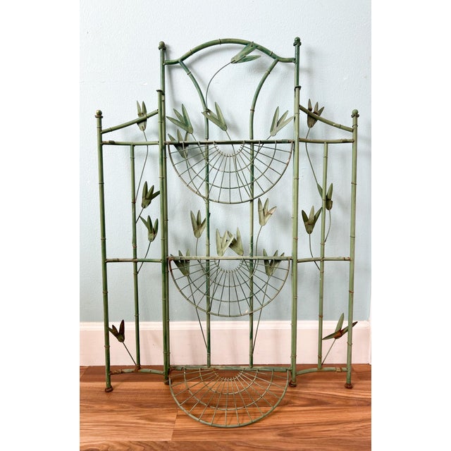 Vintage Faux Bamboo & Botanical Metal Étagère / Plant Stand With Green Verdigris Finish - Hollywood Regency, Chinoiserie, Palm Beach For Sale In Houston - Image 6 of 11