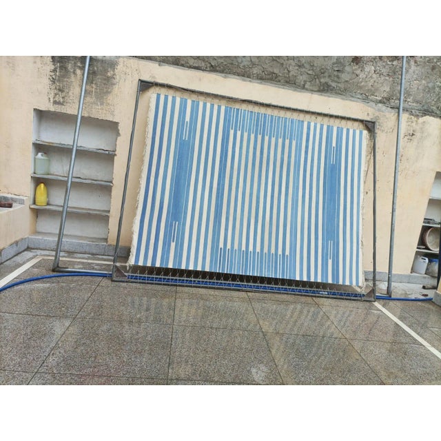 Handmade Cotton Natural Vegetable Dyed Area Rug, Sky Blue and White Striped Dhurrie-10'x14' For Sale - Image 12 of 12