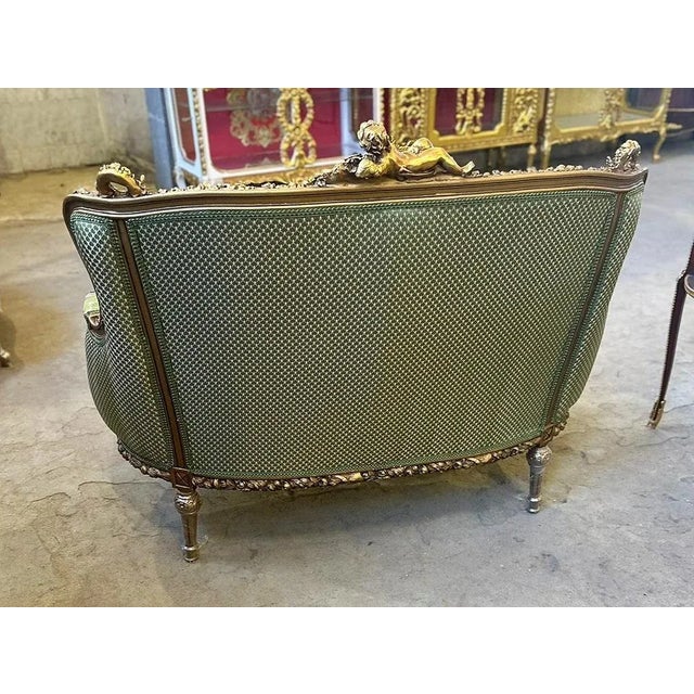 French Rococo Style Army Green Sofa With Gold Leaf Details For Sale - Image 4 of 4