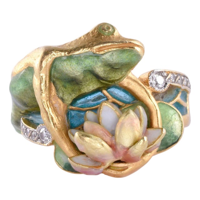 2000s Masriera 18k Enamel Frog & Water Lily Ring Size 6.5 For Sale