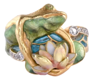 2000s Masriera 18k Enamel Frog & Water Lily Ring Size 6.5