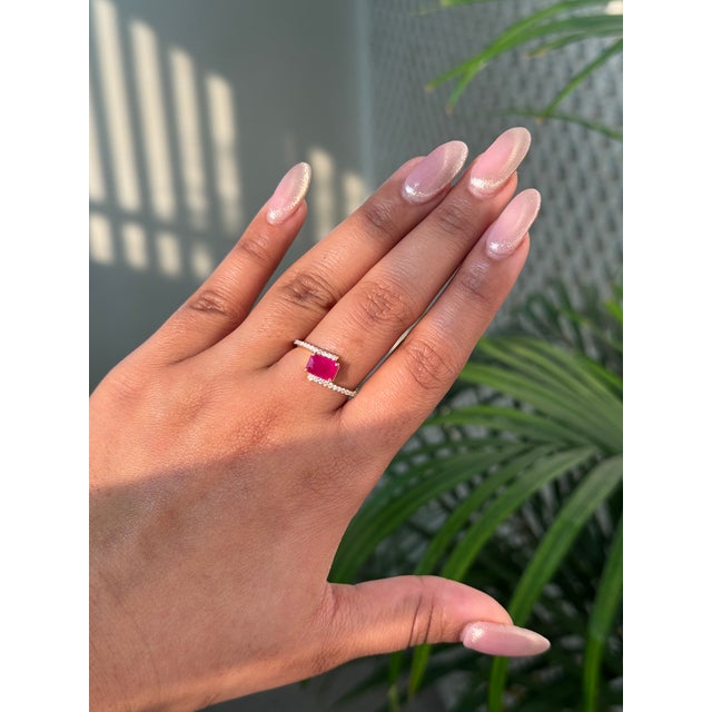 1.25ct Emerald Cut Prong Set Red Ruby Diamond Bypass Ring Size 4 in 14k Gold For Sale In New York - Image 6 of 17