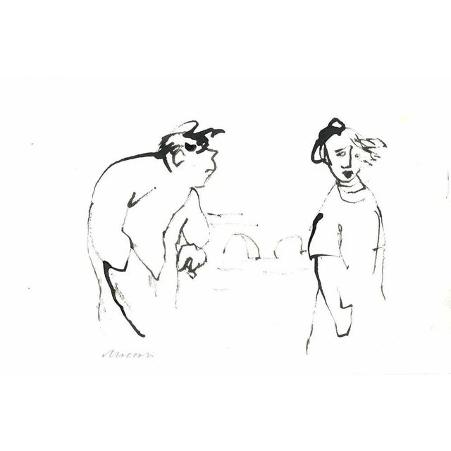 Lovers in Wind is a China ink Drawing realized by Mino Maccari (1924-1989) in the 1960s. Hand-signed on the lower. Good...