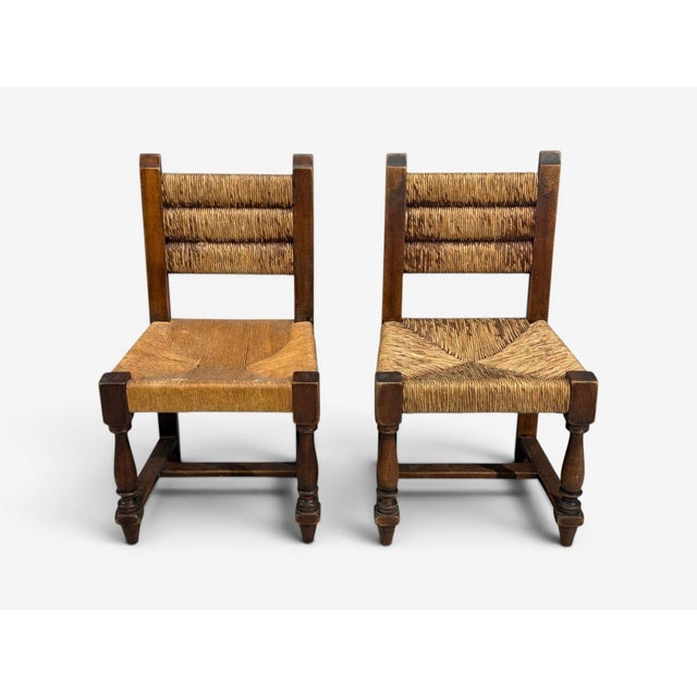 Brown Charles Dudouyt, Six Rustic Dining Chairs, Oak, Rush, France, 1940s For Sale - Image 8 of 16
