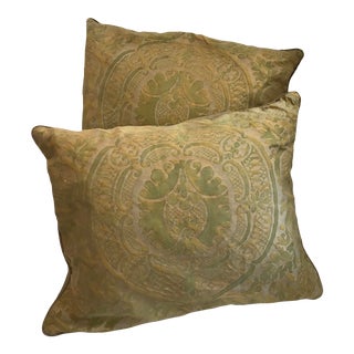 Vintage Italian Fortuny Dark Green and Gold Pillows- a Pair For Sale