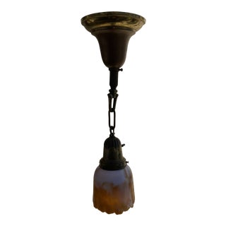 Vintage 1920s Brass Hanging Fixture With Slag Glass Shade For Sale