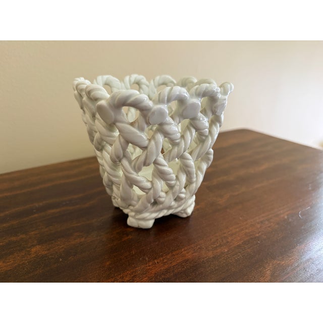 Vintage French Country Reticulated Porcelain Rope-Form Cachepot, Circa 1960s For Sale - Image 4 of 11