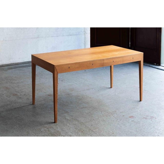 Freestanding oak desk model ‘36’ designed in 1958 by Erik ‘Severin jr.’ Riisager Hansen, produced by Haslev Møbelsnedkeri...