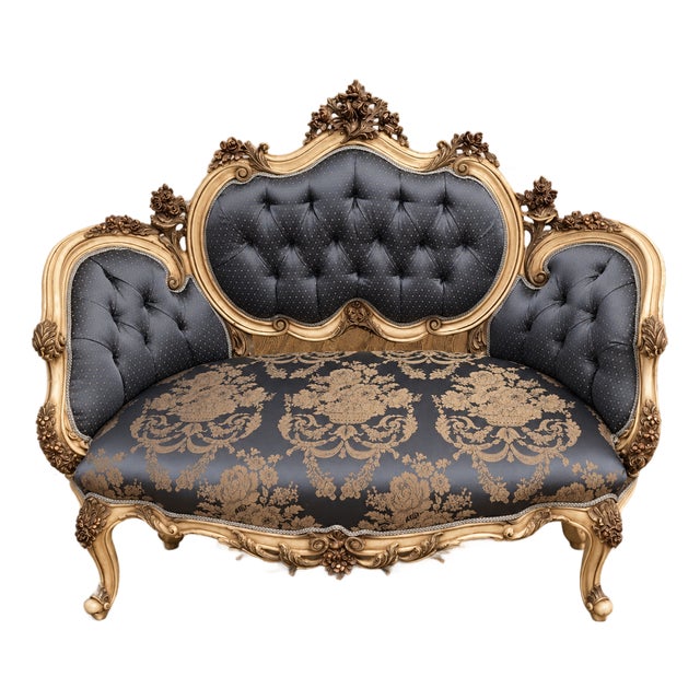 Luxury French Louis XV Style Settee – Midnight Blue Damask Upholstery With Hand-Gilded Gold Leaf Frame For Sale