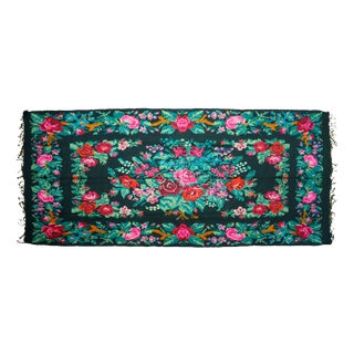 Vintage Romanian-Moldovan Handwoven Wool Flatweave Rug with Dark Floral Folk Pattern and Fringe, 1970s For Sale