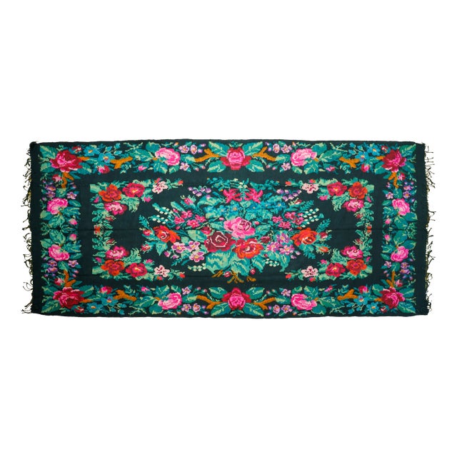 Vintage Romanian-Moldovan Handwoven Wool Flatweave Rug with Dark Floral Folk Pattern and Fringe, 1970s For Sale