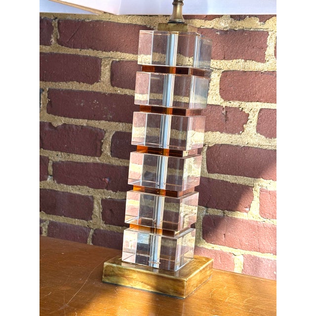 Stone Mid Century Modern Stacked Lucite & Marble Table Lamps For Sale - Image 7 of 12