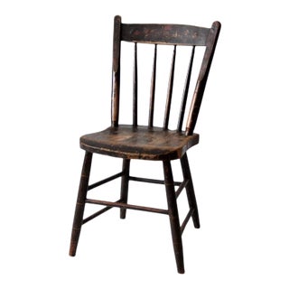 Antique Floral Painted Plank Seat Chair For Sale