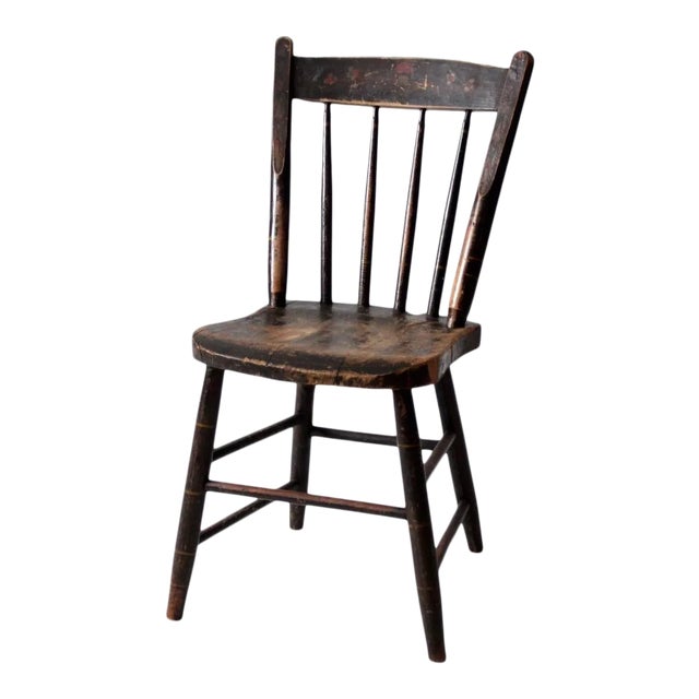 Antique Floral Painted Plank Seat Chair For Sale