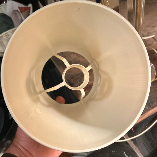 Metal Vintage Mid-Century American Neoclassical Glass & Stamped Brass Table Lamp – With Custom Pleated Hard Plastic Shade For Sale - Image 7 of 12