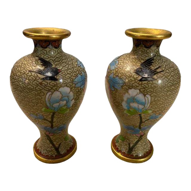 Vintage Cloisonné Love Birds Vases - Set of 2 For Sale