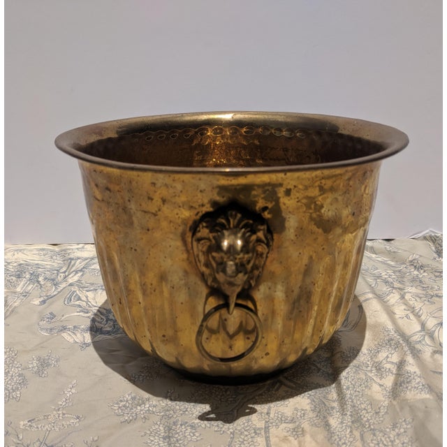 Vintage Hammered Brass Cachepot Jardiniere With Lion Head Ring Pulls For Sale - Image 11 of 11