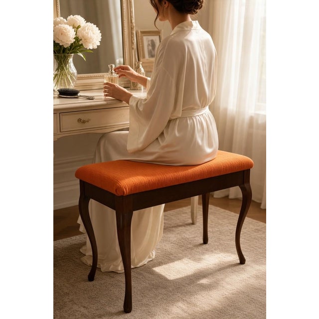 Wood Mahogany Piano Stool in Orange Corduroy with Storage, 1950s For Sale - Image 7 of 10