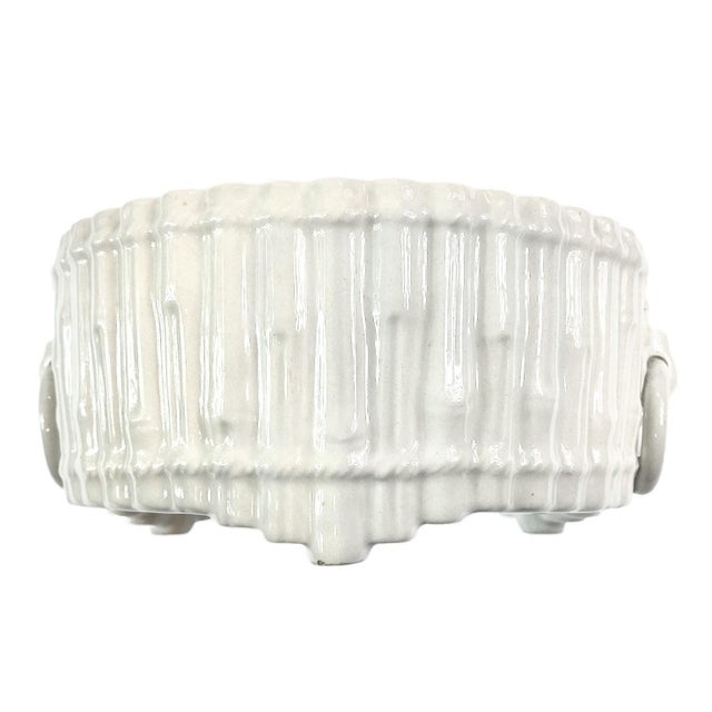 Mid 20th Century Vintage Italian White Faux Bamboo Glazed Ceramic Cache Pot / Cachepot / Jardinere/ Planter With Ring Handles by Mottahedeh, Circa 1960 For Sale - Image 5 of 8