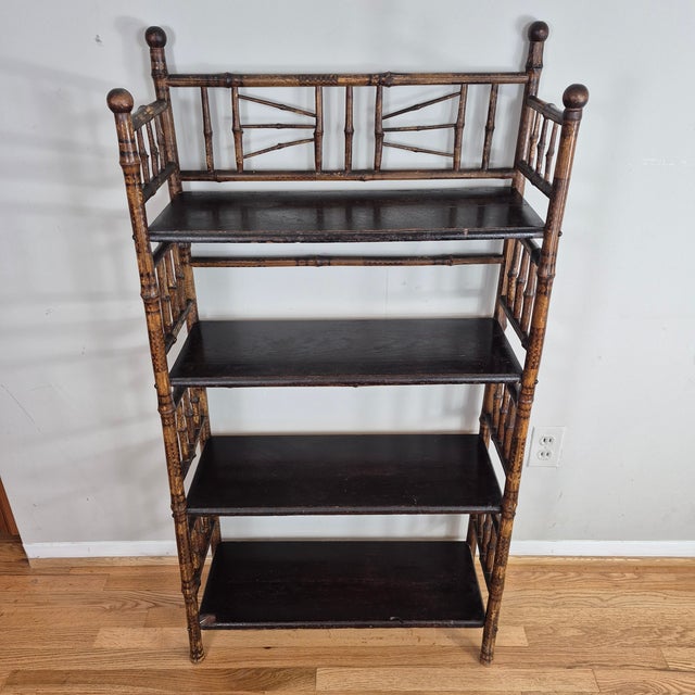 Early 1900s English Aesthetic Movement Burnt Bamboo Bookshelf Etagere For Sale - Image 10 of 11