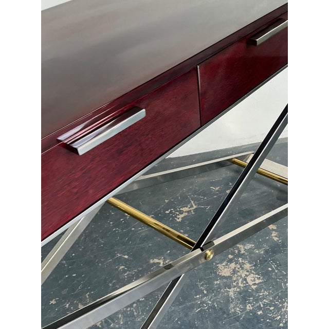 Vintage Chrome and Wood Console Table With Brass Accents For Sale - Image 10 of 12