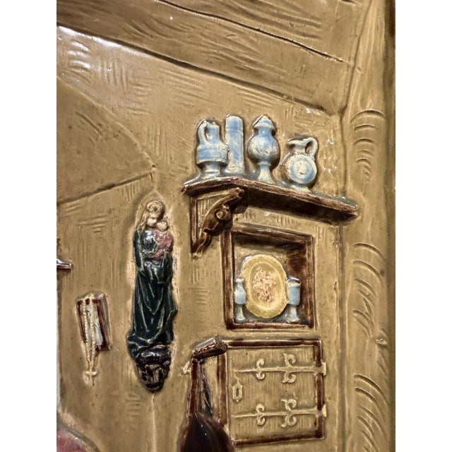 Beige Historicism Porcelain Majolica Relief Image of a Mother with Children in a Room, 1890s For Sale - Image 8 of 13