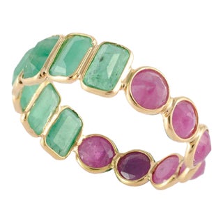 18k Yellow Gold Emerald Ruby Reversible Band Ring 7 ( All Sizes Available ) For Sale