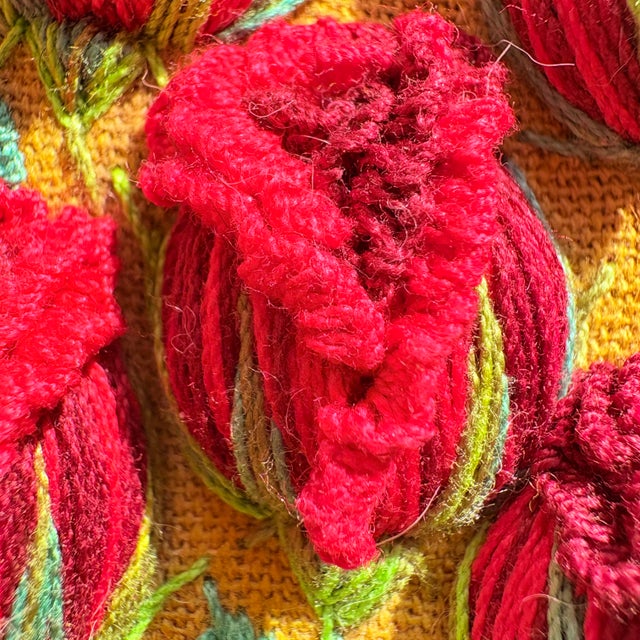 Framed 3d Stumpwork Textile Wall Art - Vintage Botanical Red Roses on Yellow For Sale - Image 10 of 16