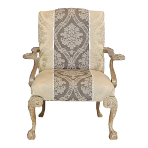 Late 20th Century Chippendale Style Armchair Carved Swan Arms Ball & Claw Feet Damask Fabric
