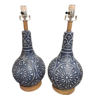 Carved Blue and White Carved Resin Decorative Table Lamps- a Pair For Sale