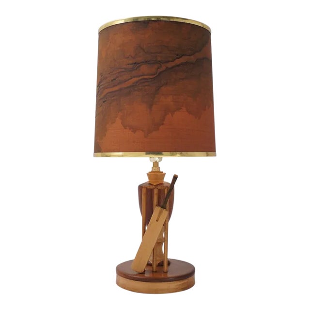 1950`s English Marquetry Wood Inlaid Table Lamp, Sport Cricket Theme, Rewired For Sale