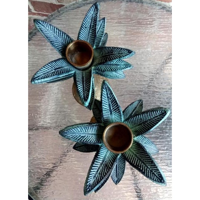 1970s Vintage Brass Palm Tree 6” Candlesticks - A Pair For Sale - Image 5 of 5