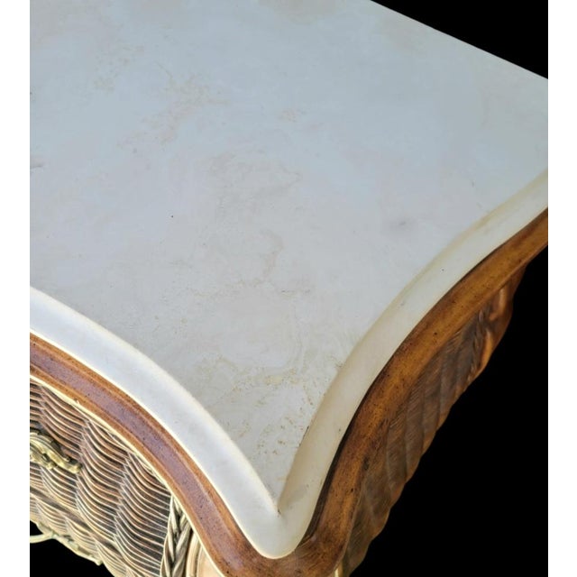 Brown ​Vintage French Provincial, British Colonial Wicker & Gilt 3 Drawer Bombe Commode Chest With Marble Top For Sale - Image 8 of 14