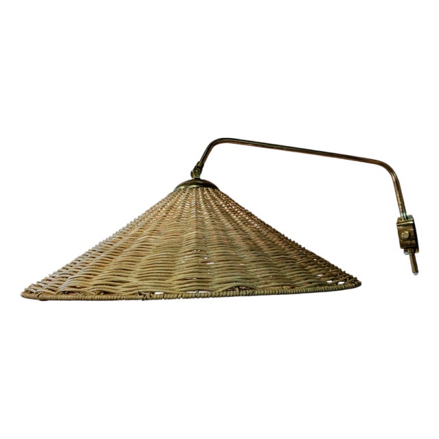 Vintage Finnish Brass and Rattan Wall Lamp by Valinte Oy, 1950s For Sale